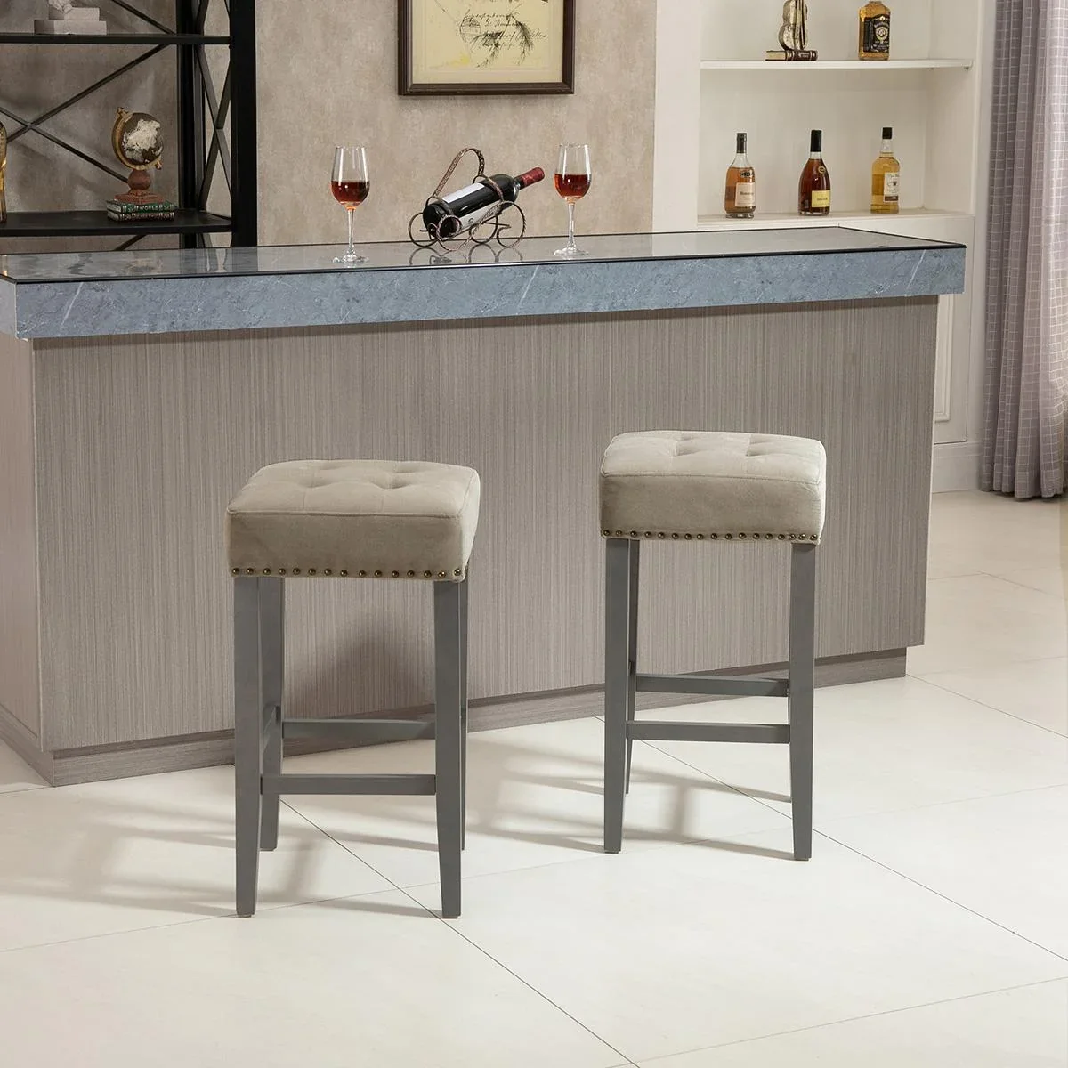 2er-Set Barhocker Esszimmerhocker mit Fußstütze atmungsaktiv Polyester-Gewebe Gummiholz Schaumstoff Grau 38,5 x 38,5 x 6 - 0