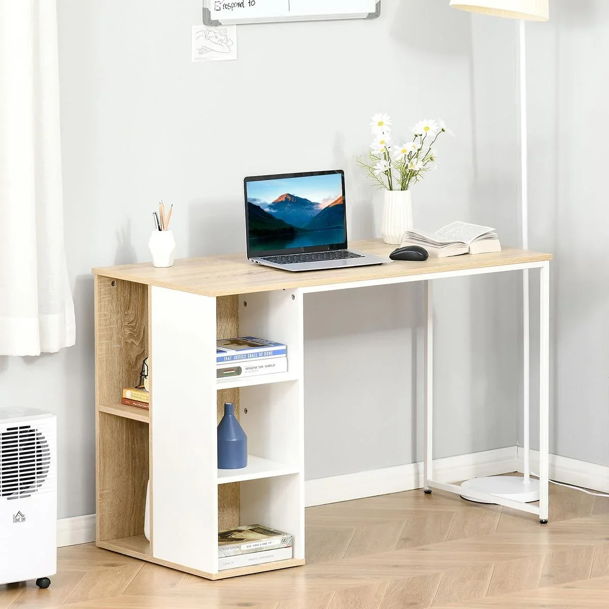 Schreibtisch Bücherregal Computertisch Bürotisch mit Regale großer Stauraum Spanplatte Metall Eiche+Weiß 115x 55x75 cm - 1