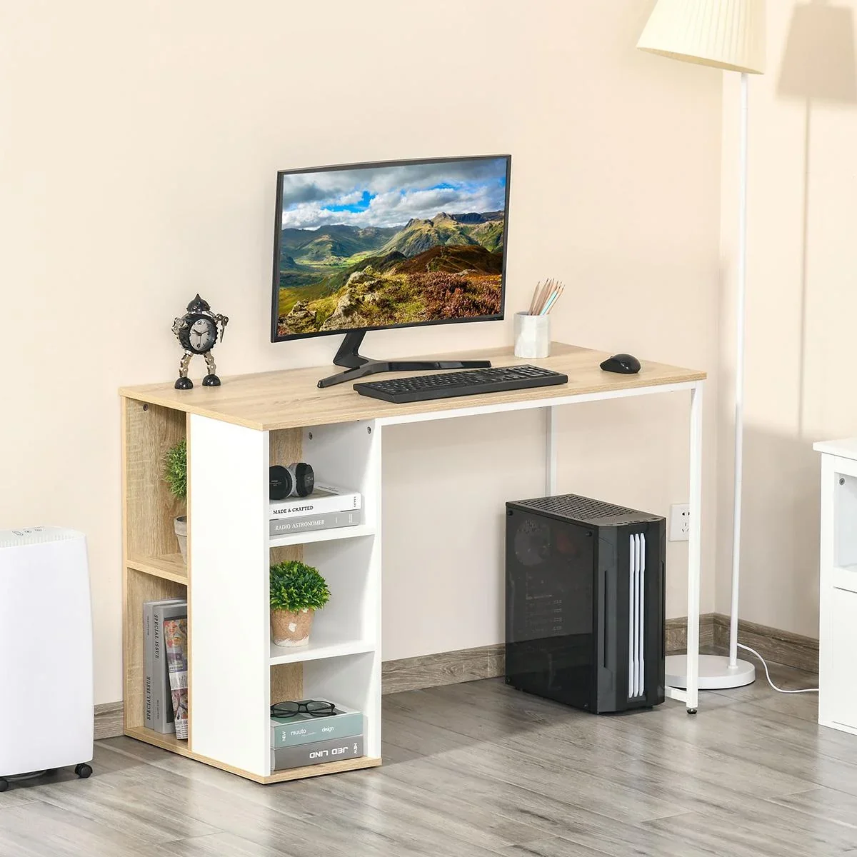 Schreibtisch Bücherregal Computertisch Bürotisch mit Regale großer Stauraum Spanplatte Metall Eiche+Weiß 115x 55x75 cm - 2