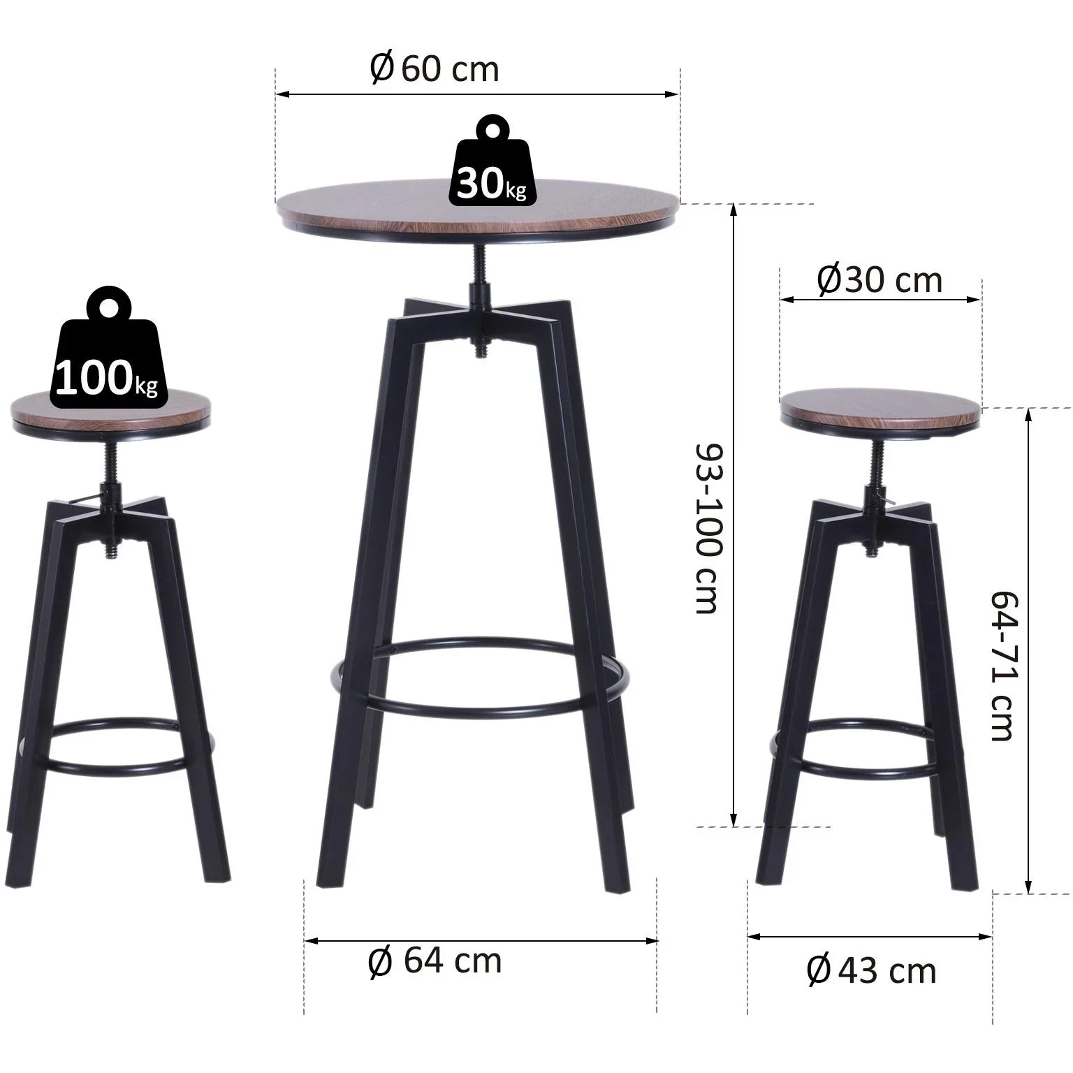 3-teilige Essgruppe Sitzgruppe Esstisch Holztisch dunkle Naturholzoptik mit 1 Tisch + 2 Hockern - 0