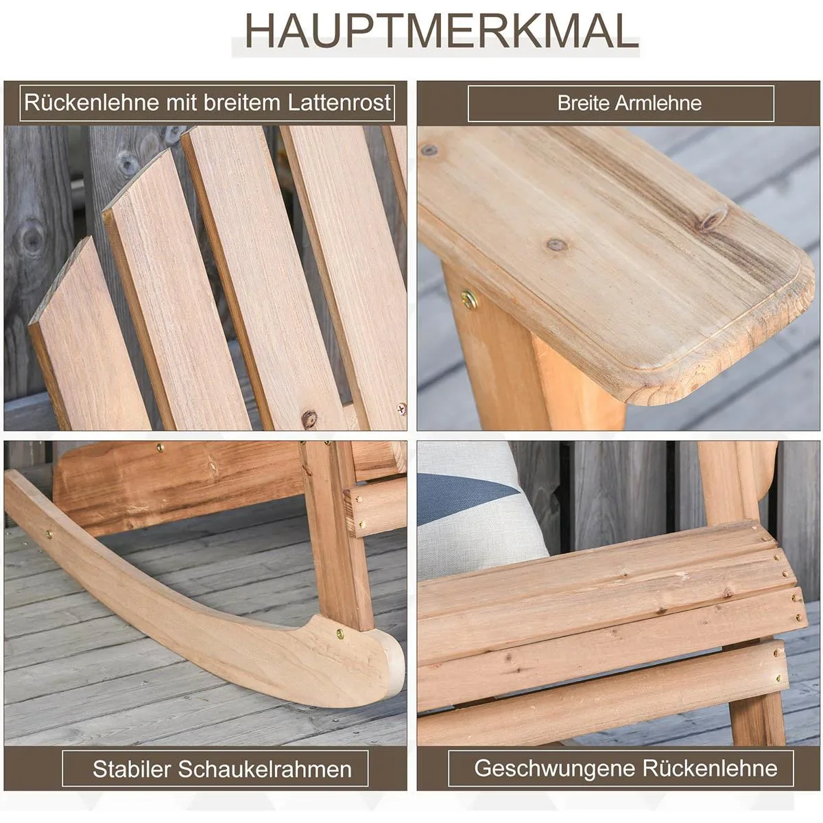 Adirondack Gartenstuhl Schaukelstuhl Schaukelsessel Gartensessel Gartenmöbel Balkonstuhl Natur 77 x 94 x 97 cm - 2