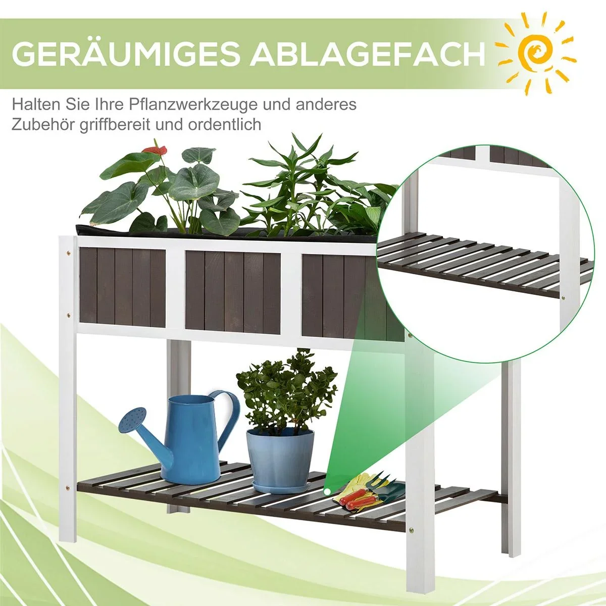 Pflanztisch Gartenarbeitstisch hölzerne Gartenbeete für Gemüse Blumen, Pflanzkübel mit Regal, 119 x 57 x 89 cm, Tanne, n - 2