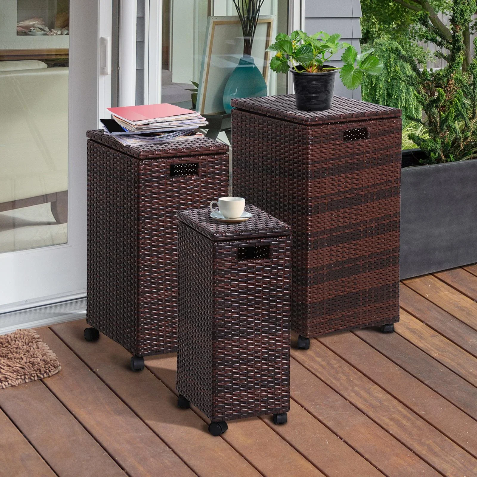 Aufbewahrungsbox 3er-Set Aufbewahrungskiste Auflagenbox mit Deckel rollbar Polyrattan Braun L/M/S - 0