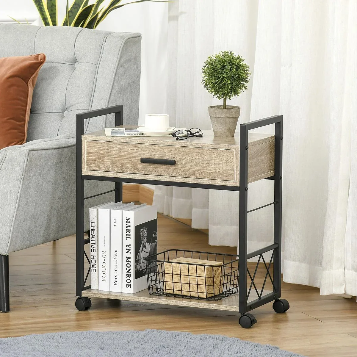 Beistelltisch Servierwagen mit Rädern Küchenwagen Kaffeetisch mit Schublade Ablage Sideboard beweglich Spanplatte Natur - 0