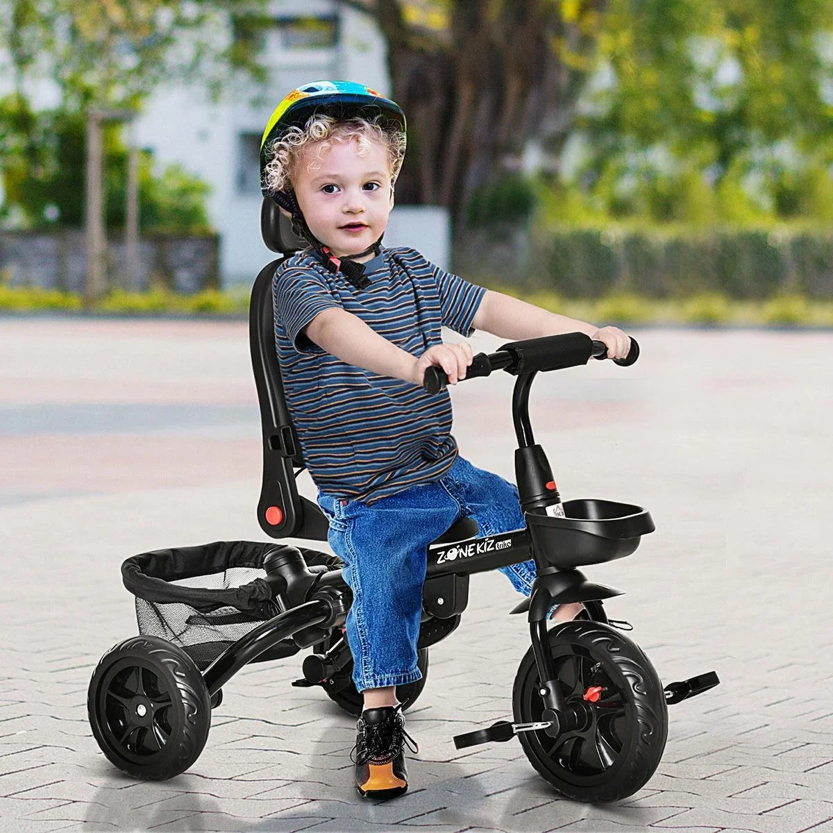 4-in-1 Kinderdreirad Kinder Fahrrad mit Sicherheitsgurt und Sonnendach Dreirad Kinderauto Kinderwagen PP-Kunststoff PA - 0