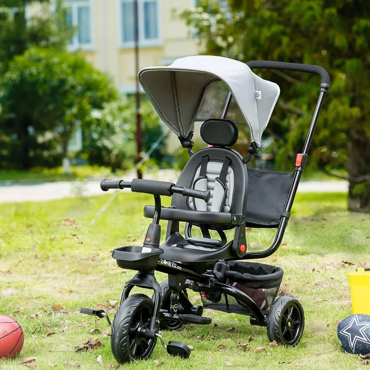 4-in-1 Kinderdreirad Kinder Fahrrad mit Sicherheitsgurt und Sonnendach Dreirad Kinderauto Kinderwagen PP-Kunststoff PA - 2