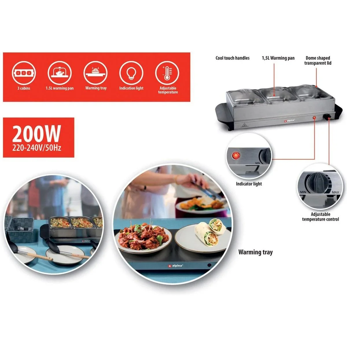 Buffetwärmer - 3 Fächer 1,25 Liter - Heizplatte - Thermostat - 1