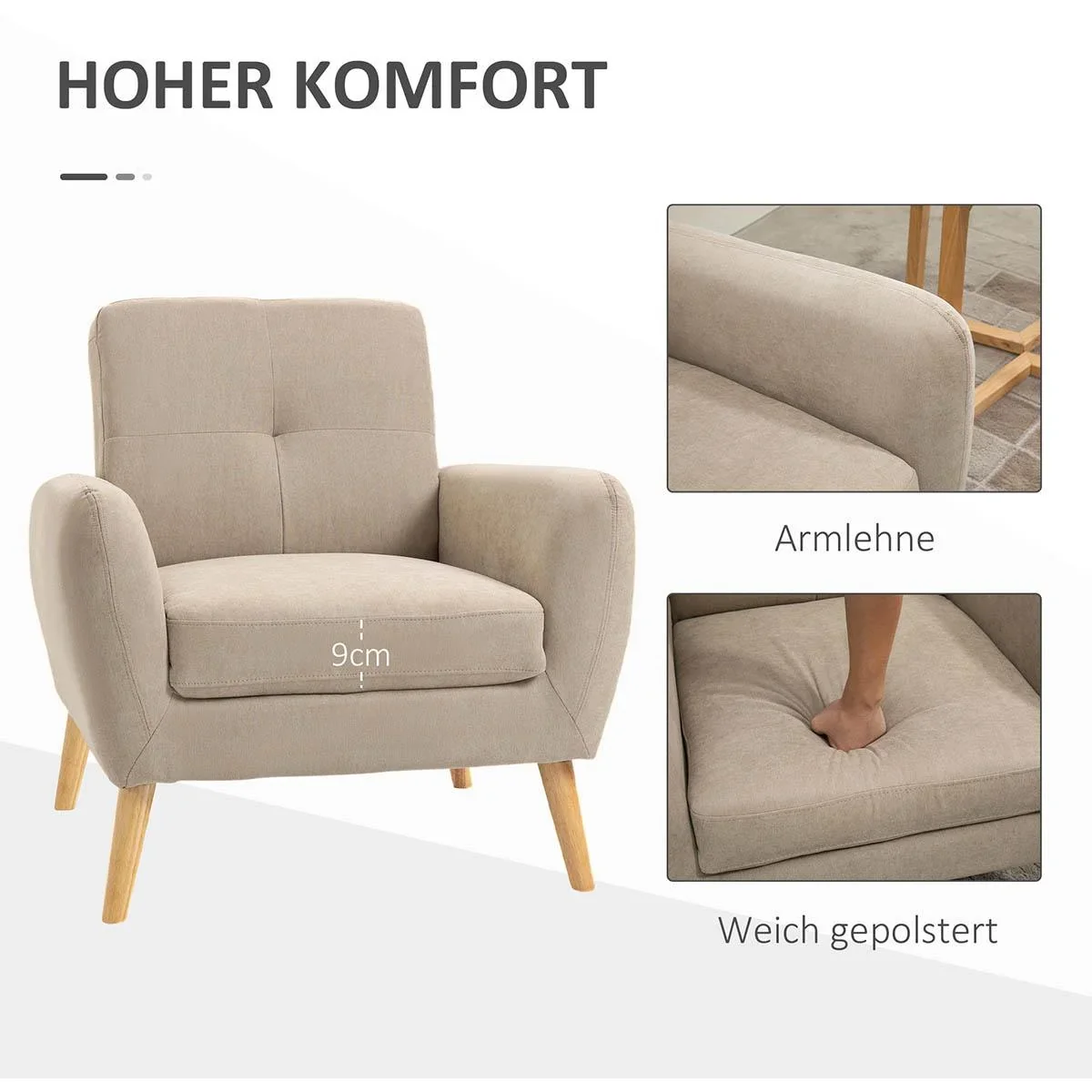 Polstersessel Sessel mit Armlehnen Wohnzimmerstuhl mit Armlehne Bürostuhl Polsterstuhl modern Leinen-Touch Holz Beige 8 - 0