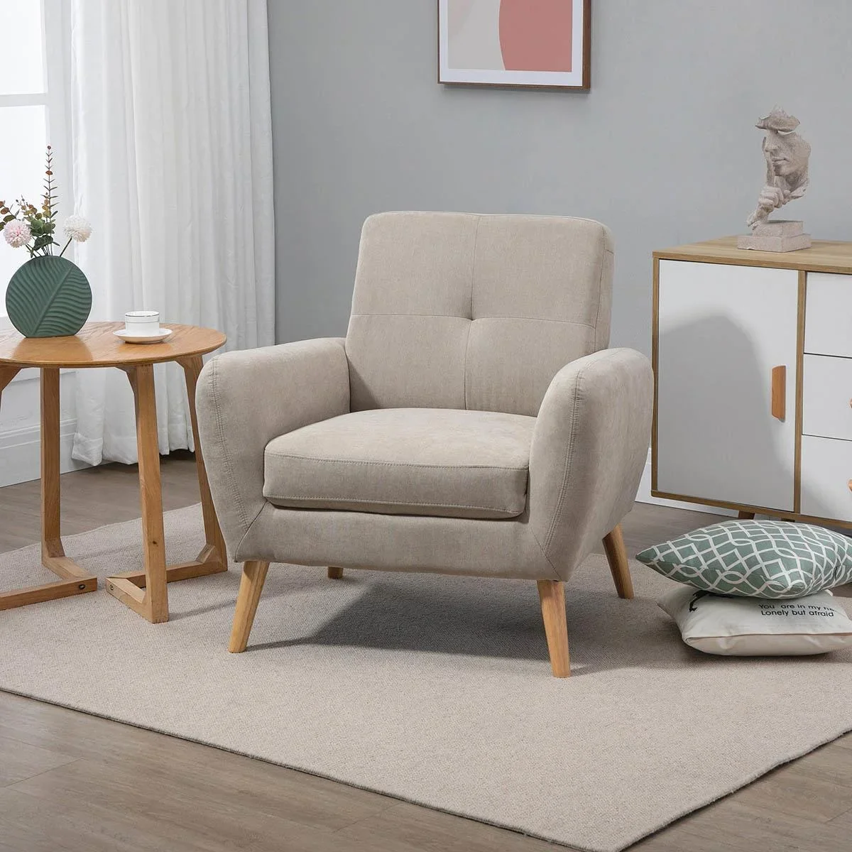Polstersessel Sessel mit Armlehnen Wohnzimmerstuhl mit Armlehne Bürostuhl Polsterstuhl modern Leinen-Touch Holz Beige 8 - 2
