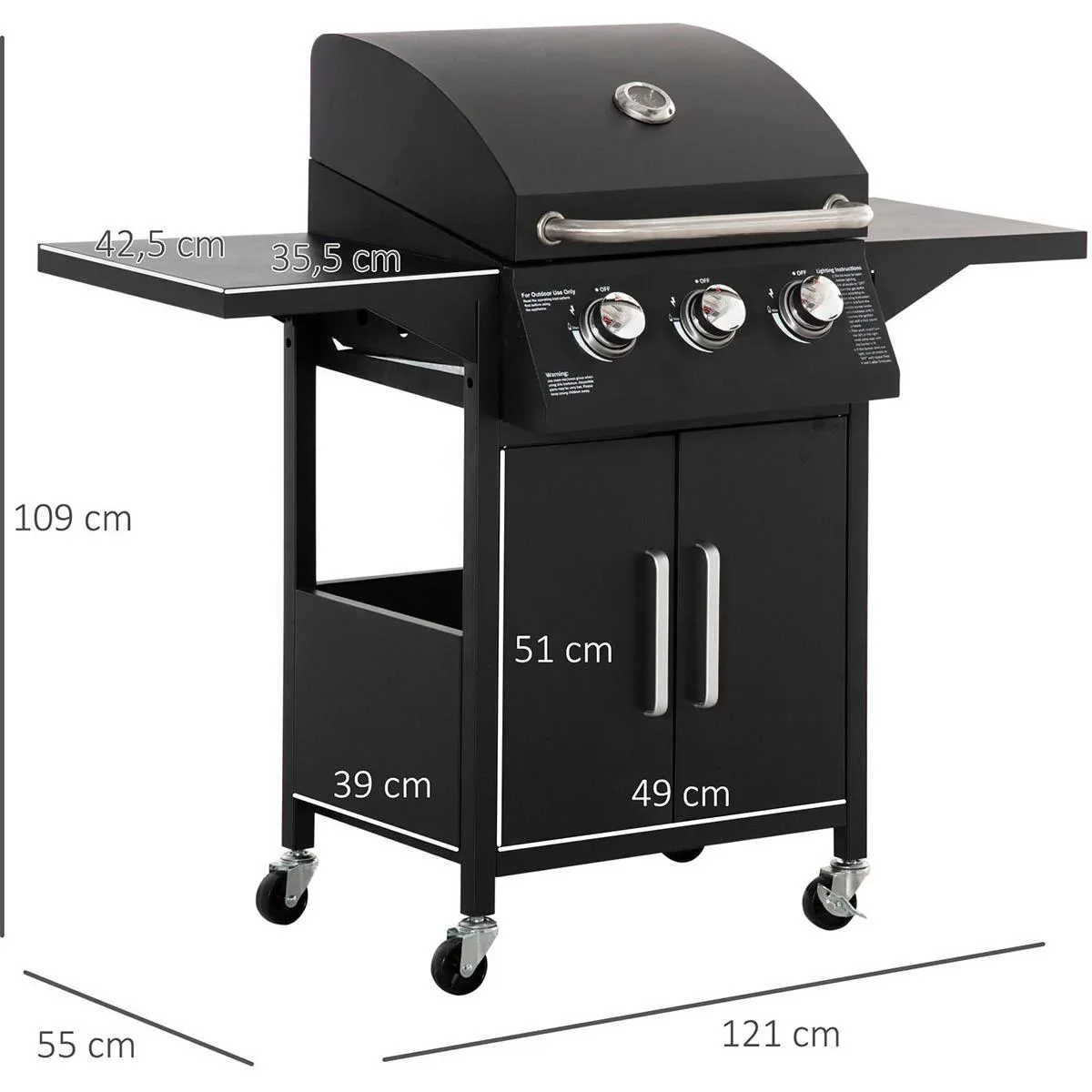 Gasgrill - 3 Brenner 3 kW - Schwarz - 121 x 55 x 109 cm - 0