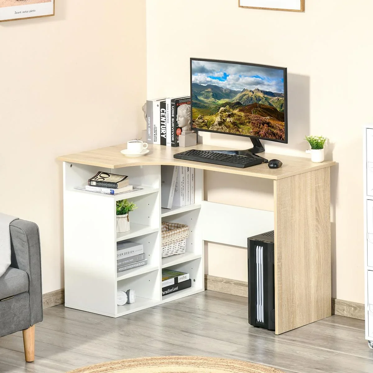 Eckschreibtisch Winkelschreibtisch PC-Tisch Computertisch Bürotisch mit Regal und Schublade L-Form Spanplatte Weiß+Eiche - 0