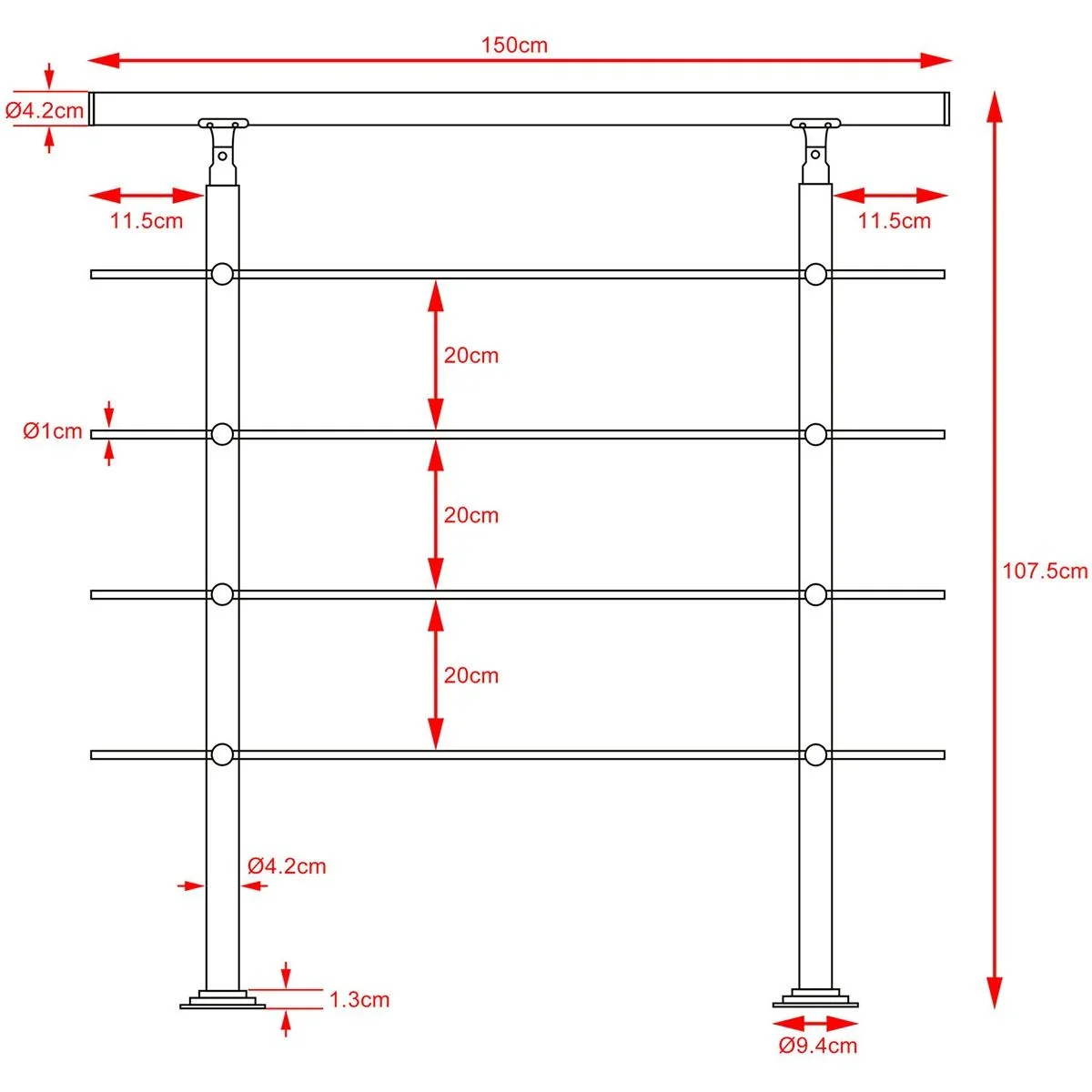 Geländer - Edelstahl - 150 cm - 4 Pfosten - 1