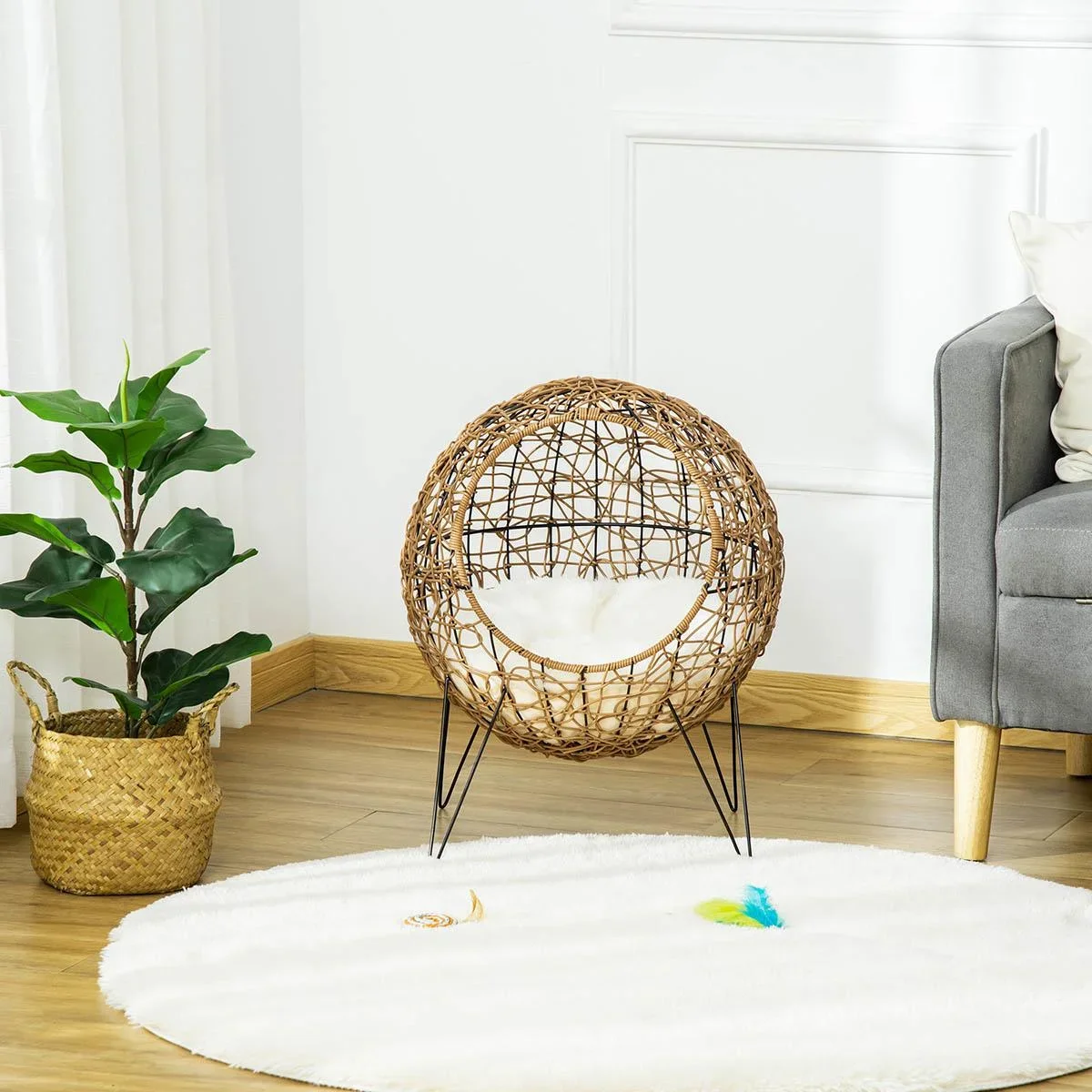 Rattan Katzenkorb Katzenhöhle Katzenhütte Katzenbett mit Kissen erhöhtes Design Haustierbett Braun Ø45 x 57H cm - 0