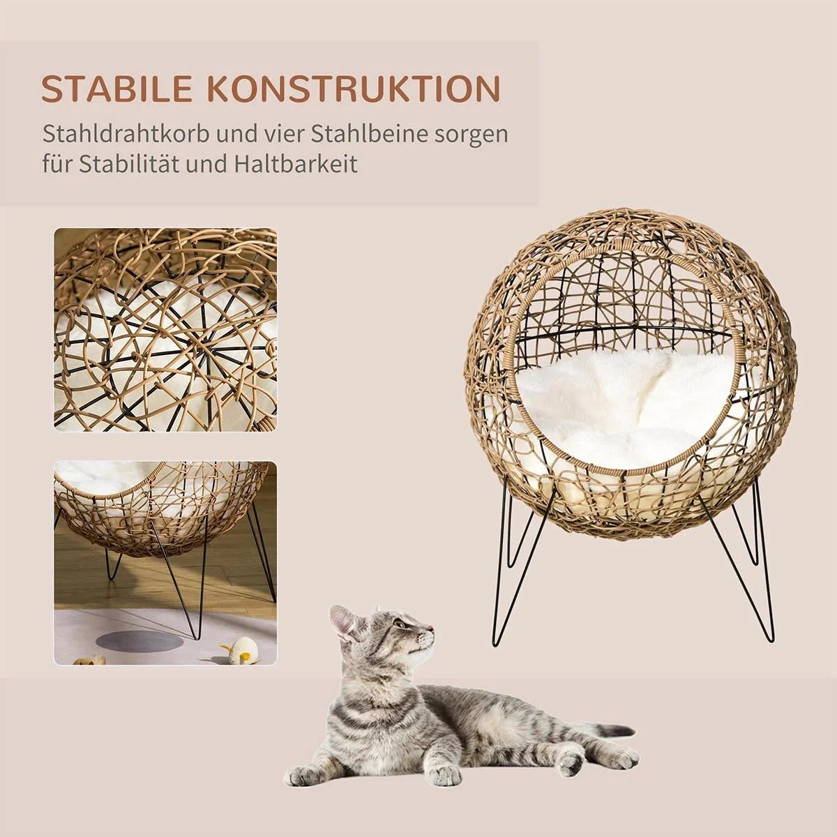 Rattan Katzenkorb Katzenhöhle Katzenhütte Katzenbett mit Kissen erhöhtes Design Haustierbett Braun Ø45 x 57H cm - 1