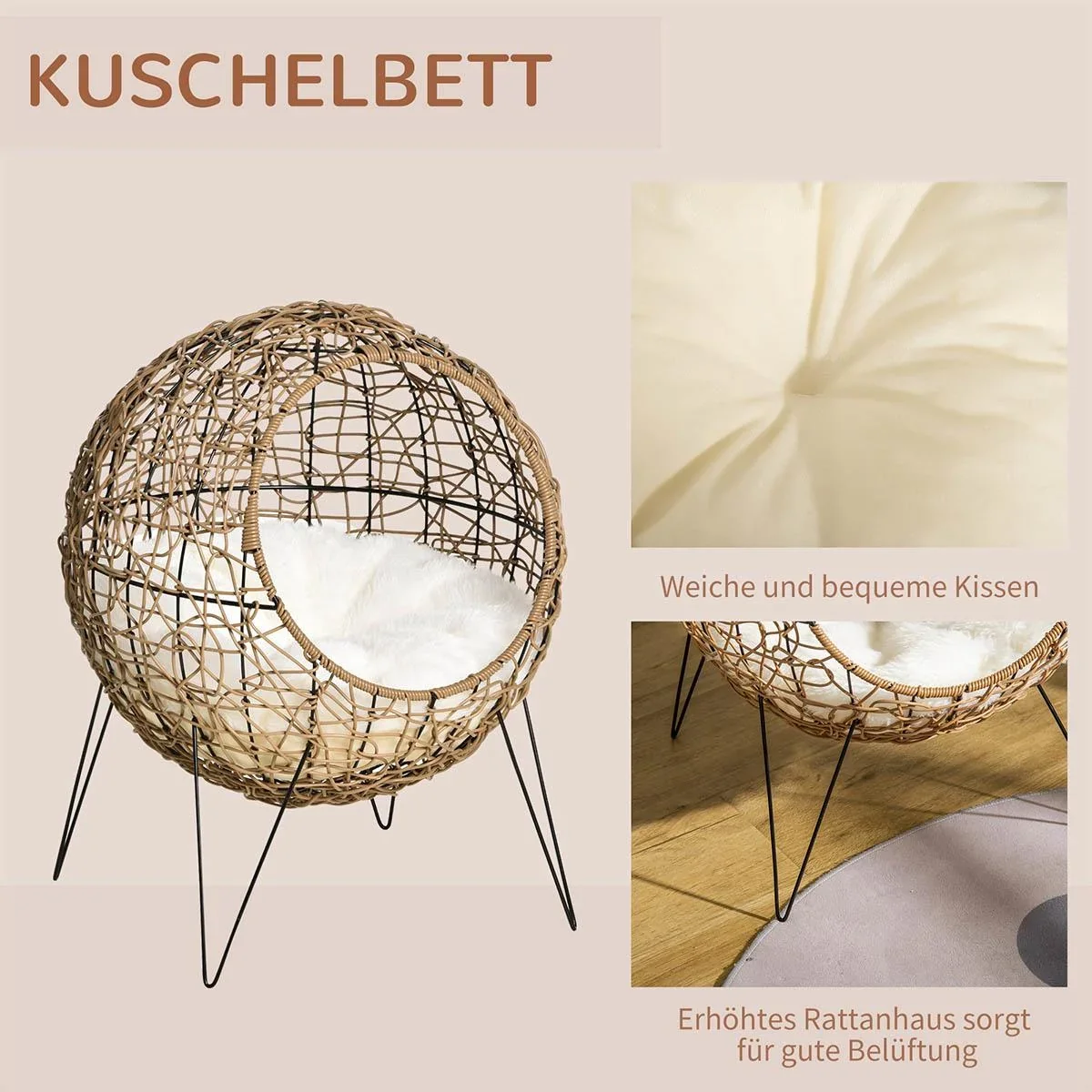 Rattan Katzenkorb Katzenhöhle Katzenhütte Katzenbett mit Kissen erhöhtes Design Haustierbett Braun Ø45 x 57H cm - 3