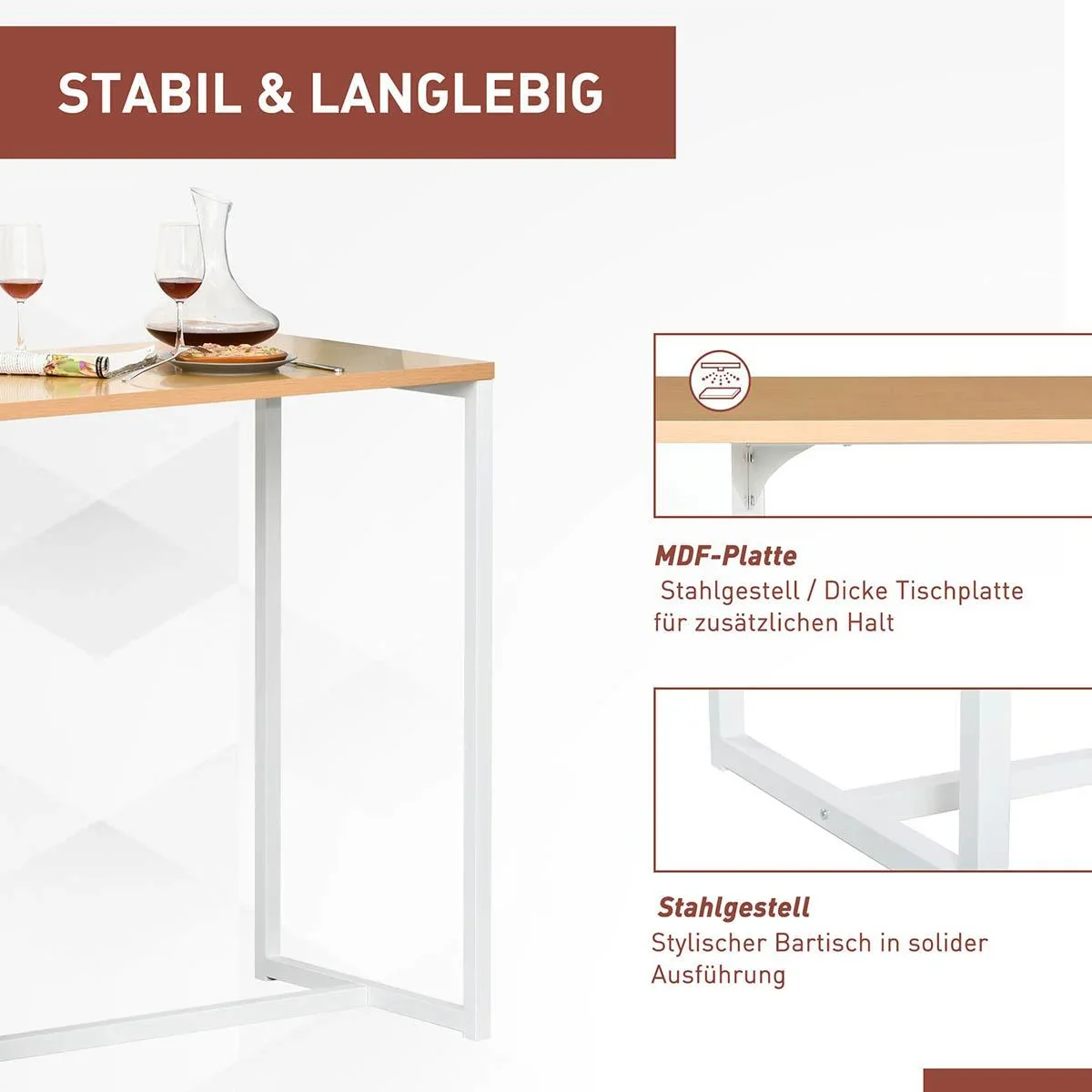 Bartisch Küchentisch mit 3-stöckigem Ablageregal mit Metallrahmen und Tischplatte für Restaurant, Küche und Wohnzimmer, - 0
