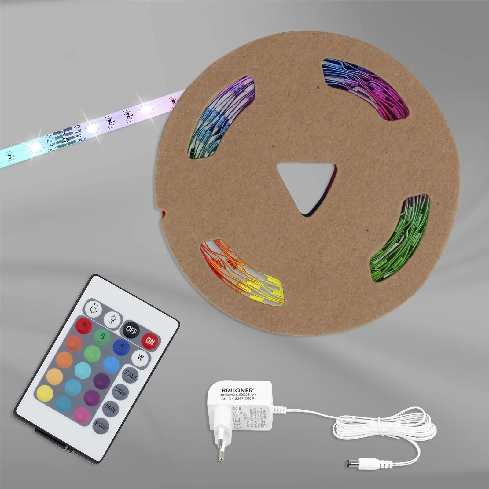 RGB-LED-Band, 3m, 90 RGB-LEDs, Netzgerät 1A, flexibel, selbstklebend, universell kürzbar - 2