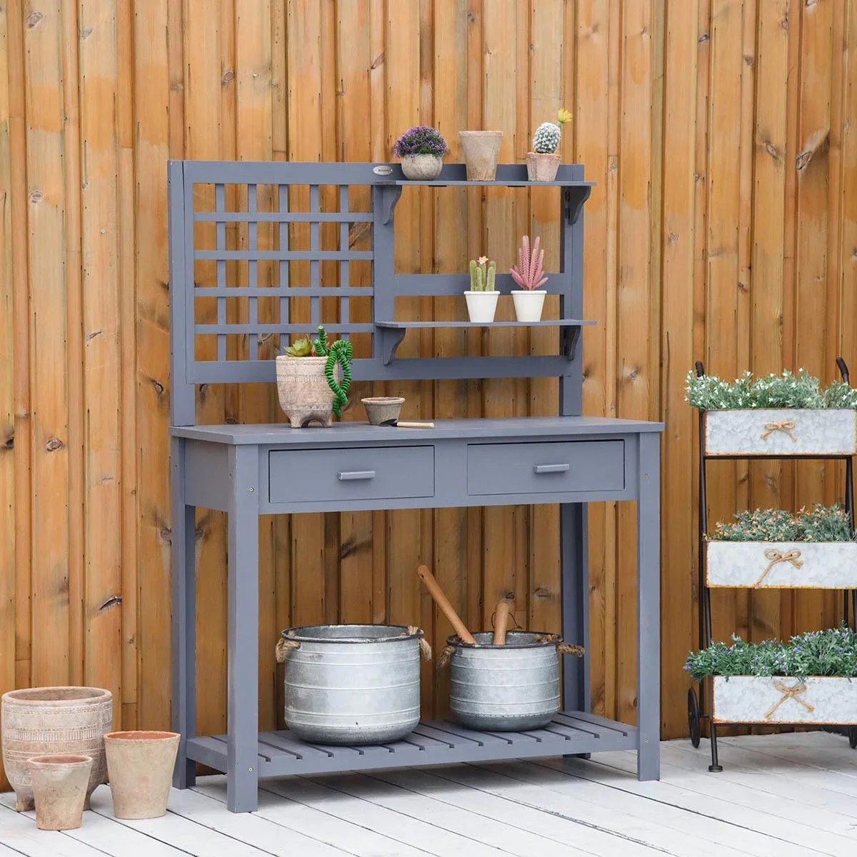 Pflanztisch Gartentisch mit 2 Schubladen Holzpflanzentisch für Garten Terrasse grau 105 x 42 x 141,5 cm - 0