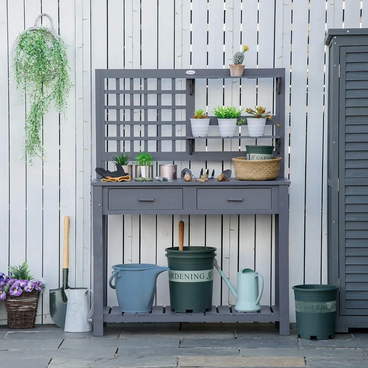 Pflanztisch Gartentisch mit 2 Schubladen Holzpflanzentisch für Garten Terrasse grau 105 x 42 x 141,5 cm - 3