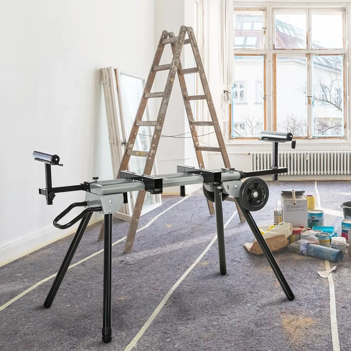Untergestell für Kappsägen Arbeitstisch für Kapp- und Gehrungssägen Sägengestell Kappsäge Stahl Schwarz+Silber Seitenver - 1