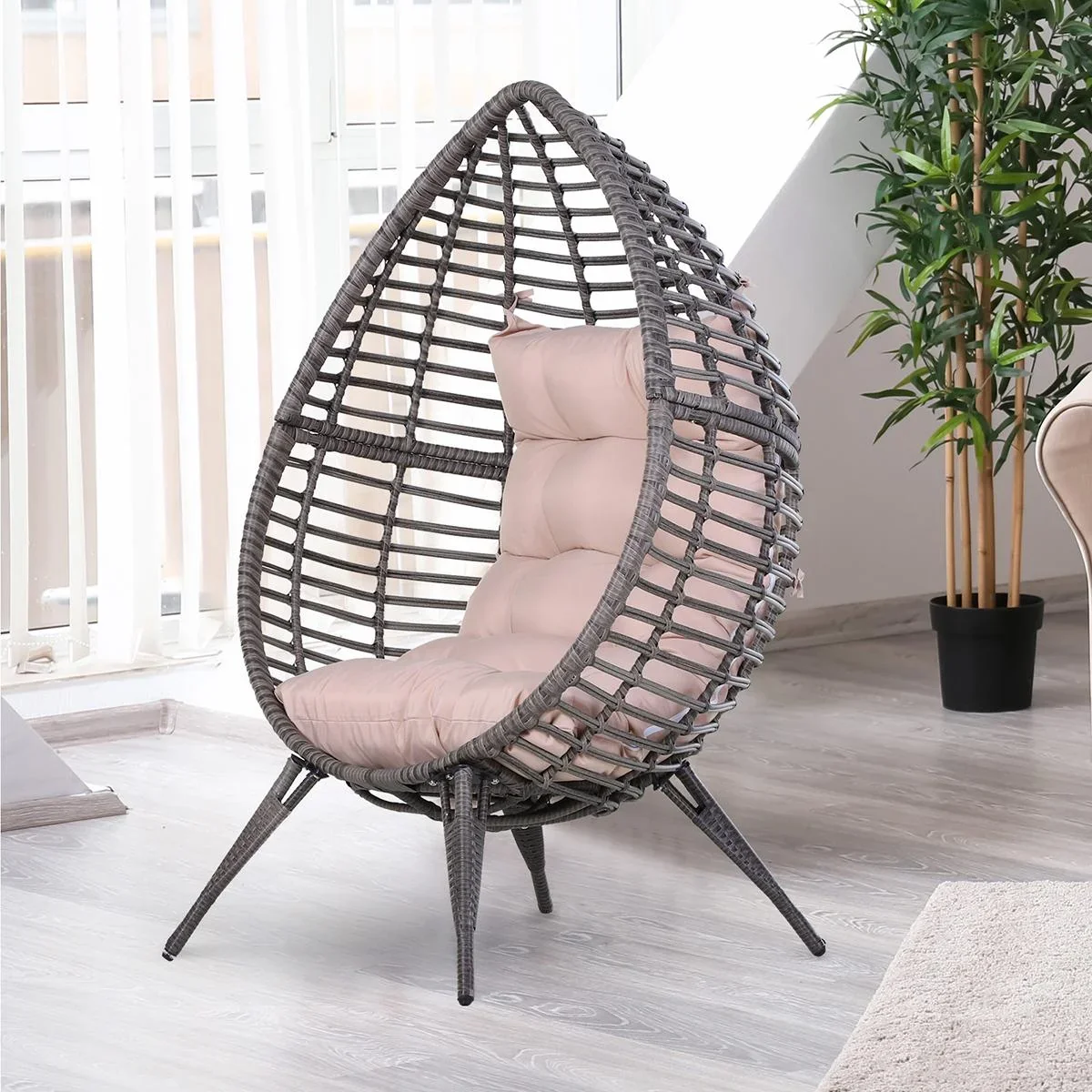 Rattansessel in Tropfenform, Gartensessel mit Sitzkissen, Erhöhter Rattanstuhl, Stahl, Beige, 101 x 89 x 156 cm - 0