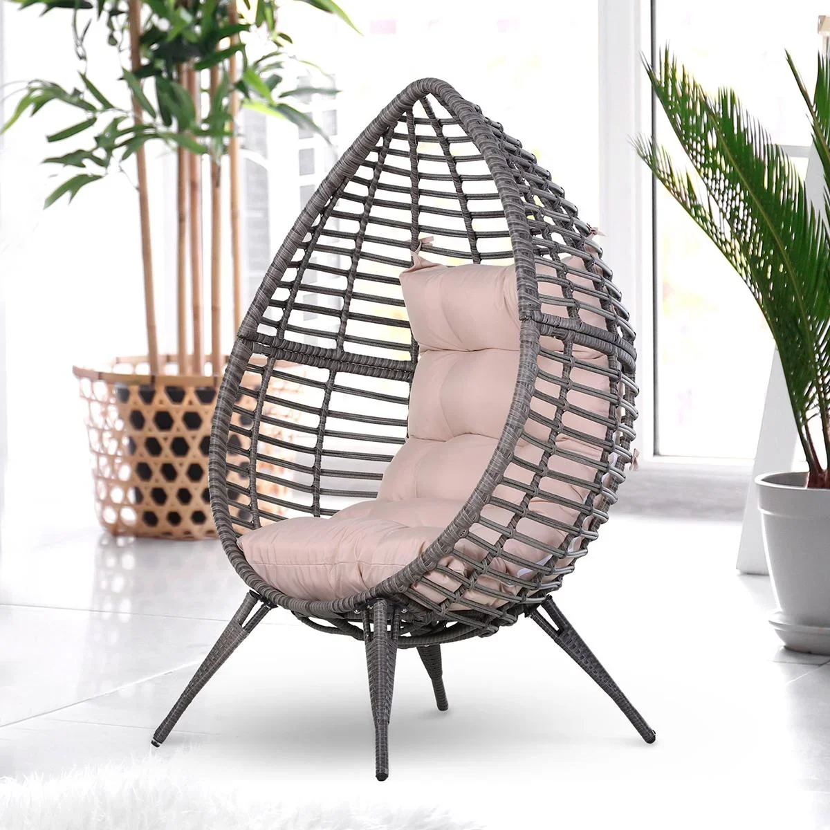 Rattansessel in Tropfenform, Gartensessel mit Sitzkissen, Erhöhter Rattanstuhl, Stahl, Beige, 101 x 89 x 156 cm - 1