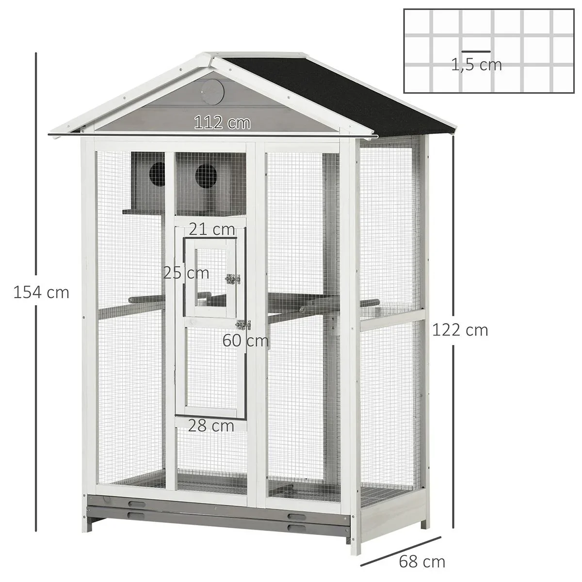 Vogelvoliere aus Holz Vogelkäfig mit Sitzstange Asphaltdach für Drinnen und Draußen Wasserdicht 112 x 68 x 154 cm - 1