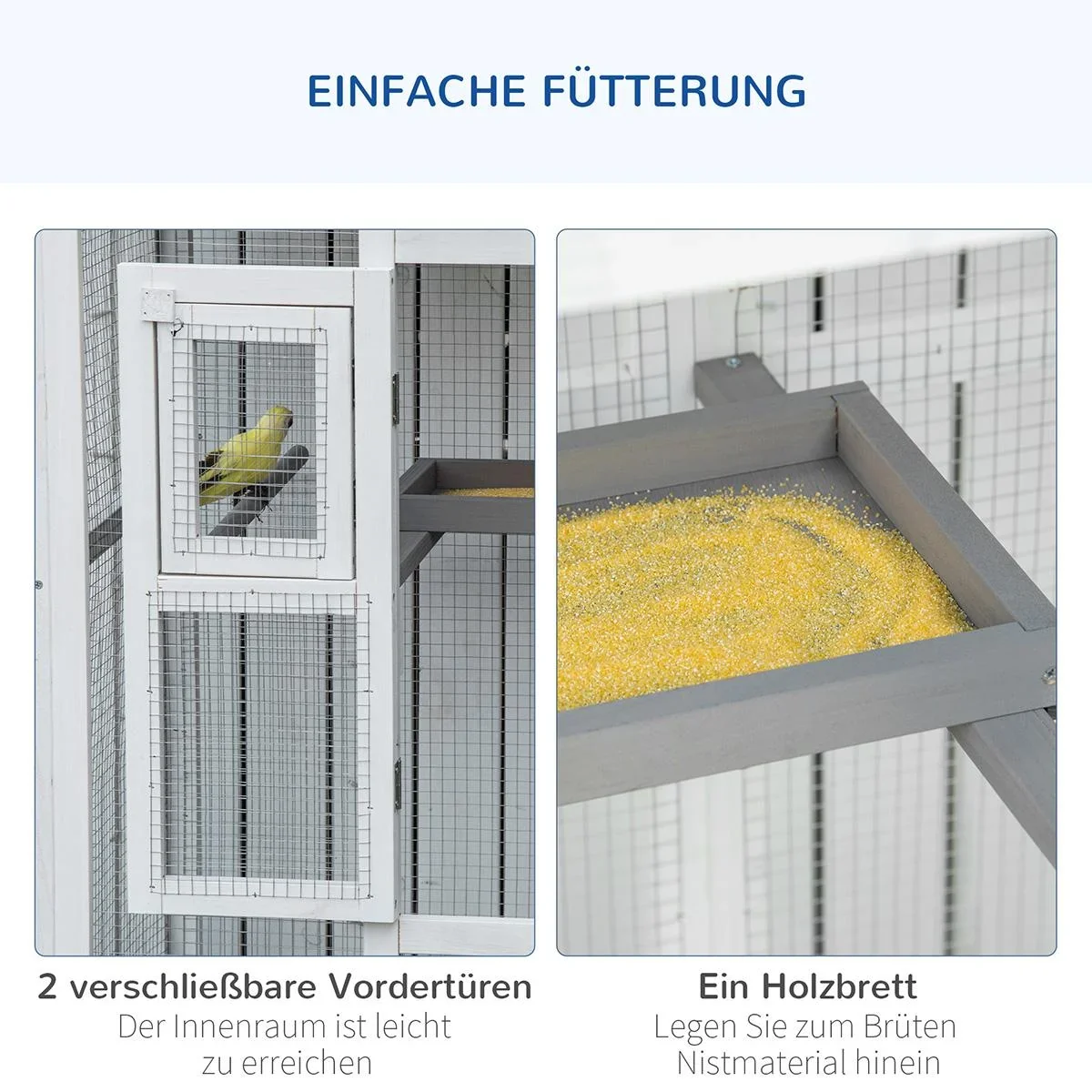 Vogelvoliere aus Holz Vogelkäfig mit Sitzstange Asphaltdach für Drinnen und Draußen Wasserdicht 112 x 68 x 154 cm - 2