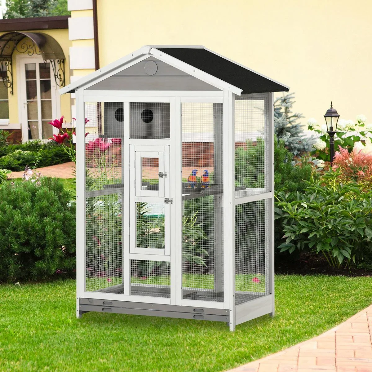 Vogelvoliere aus Holz Vogelkäfig mit Sitzstange Asphaltdach für Drinnen und Draußen Wasserdicht 112 x 68 x 154 cm - 3