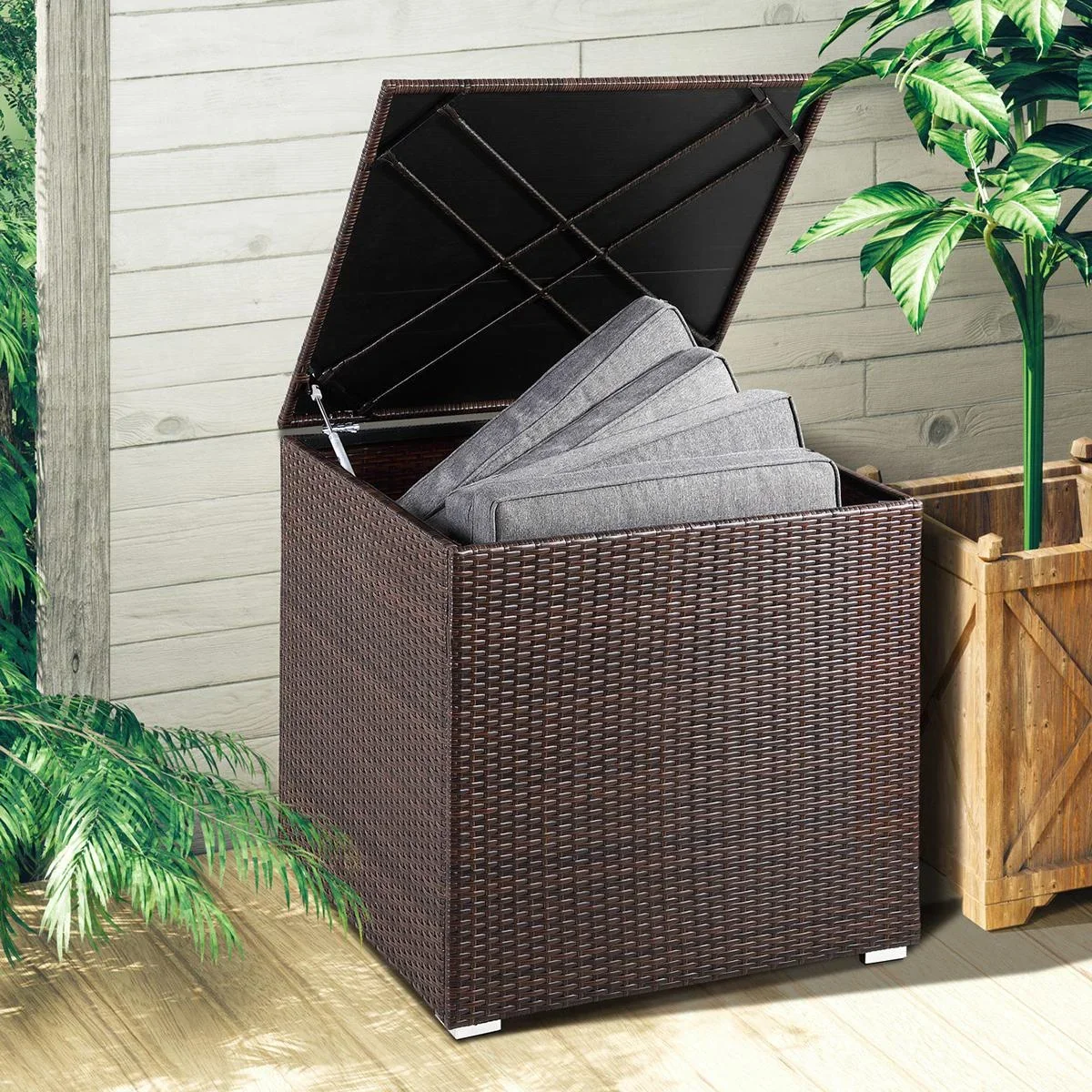 Poly Rattan Aufbewahrungsbox - braun - 75x75x70 cm - mit wasserabweisender Tasche - 7