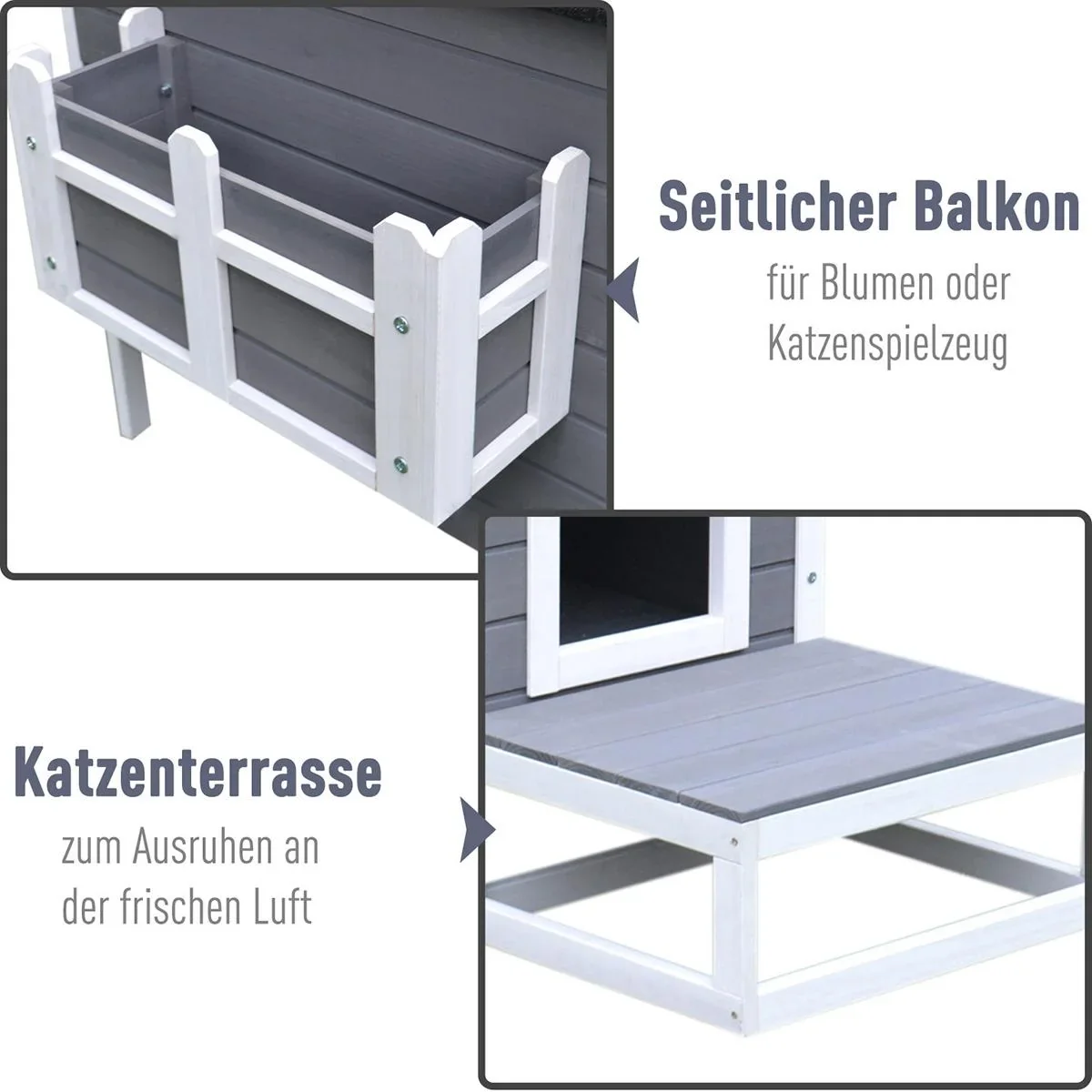 Katzenhaus mit Terrasse und Balkon grau/weiß - 0