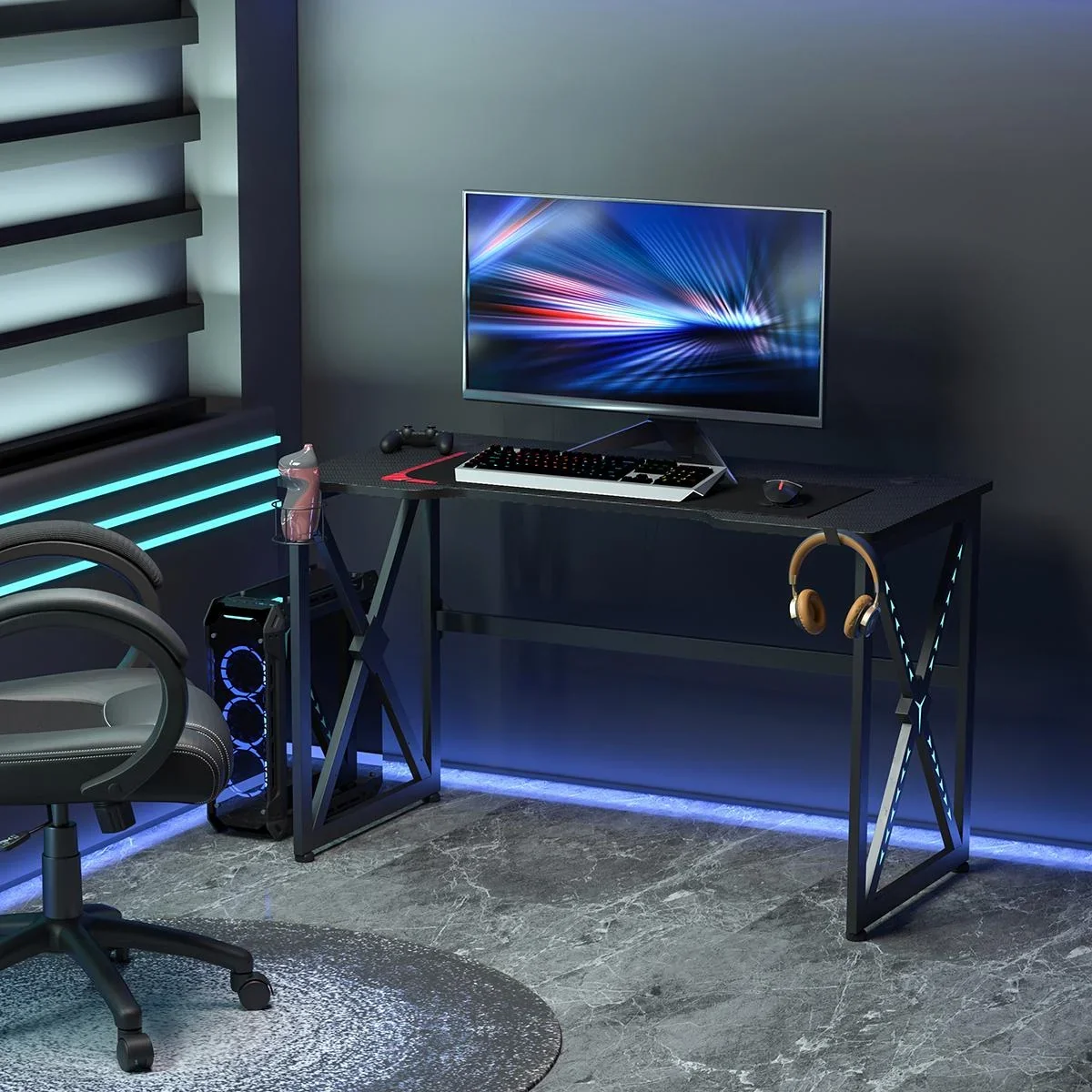 Computertisch mit LED-Leuchten Monitorablage PC Tisch Schreibtisch mit Becherhalter E-Sport-Stil Bürotisch mit verstellb - 1