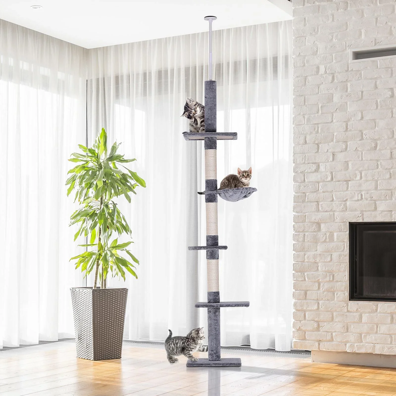 Kratzbaum Kletterbaum Spielbaum Katzenkratzturm deckenhoch höhenverstellbar Holz+Sisal+Plüsch Grau 40x30x(230 260) cm - 0