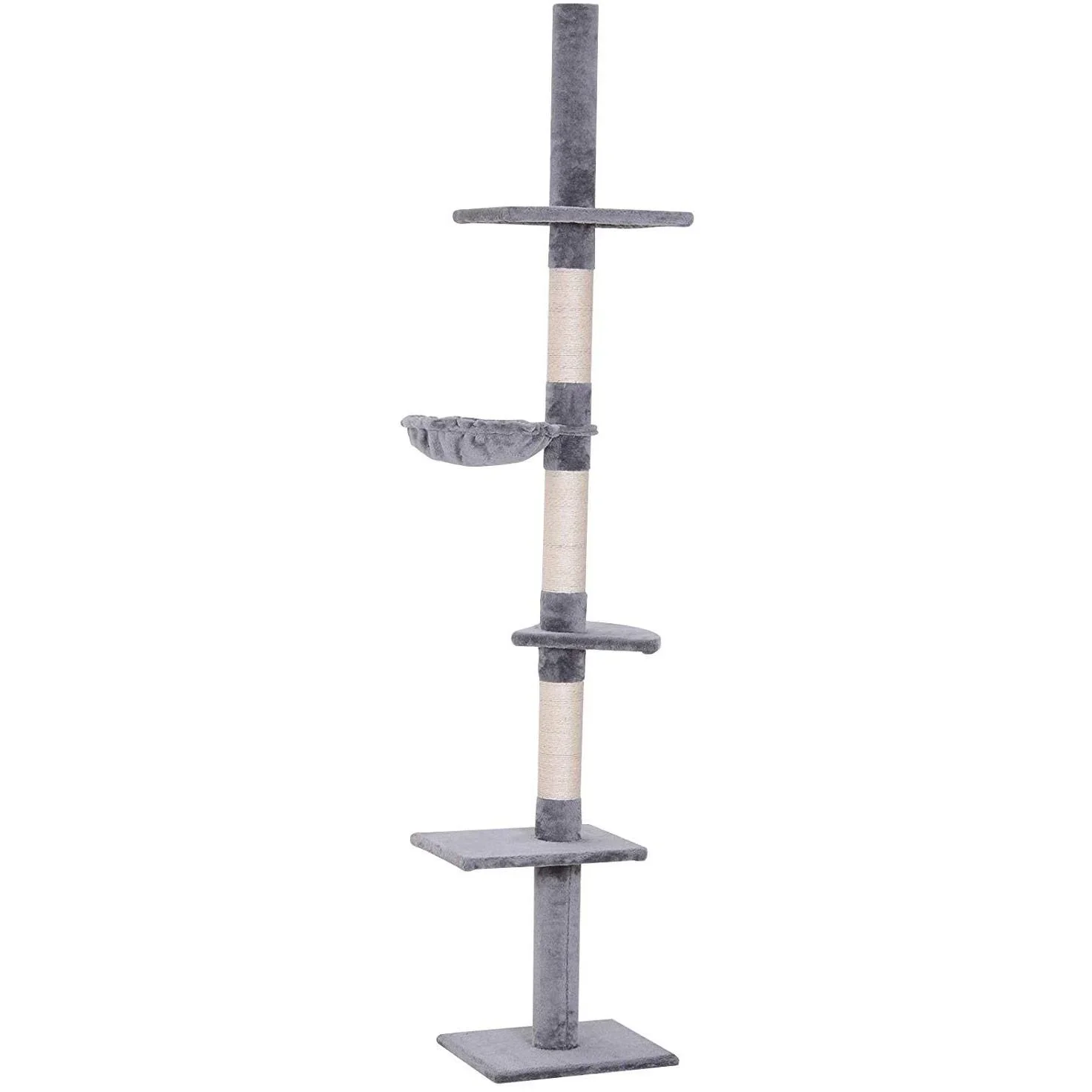 Kratzbaum Kletterbaum Spielbaum Katzenkratzturm deckenhoch höhenverstellbar Holz+Sisal+Plüsch Grau 40x30x(230 260) cm - 1