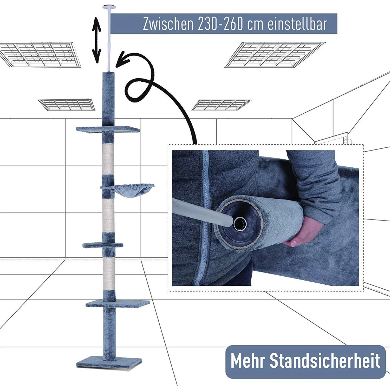 Kratzbaum Kletterbaum Spielbaum Katzenkratzturm deckenhoch höhenverstellbar Holz+Sisal+Plüsch Grau 40x30x(230 260) cm - 4