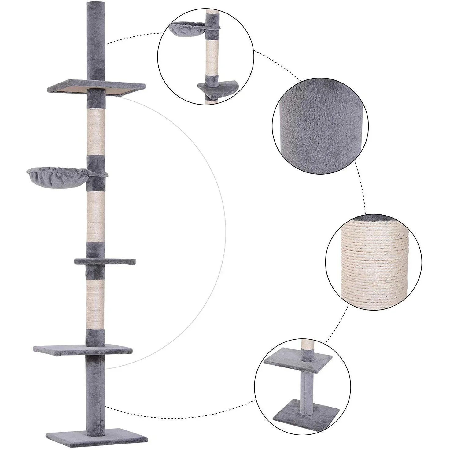 Kratzbaum Kletterbaum Spielbaum Katzenkratzturm deckenhoch höhenverstellbar Holz+Sisal+Plüsch Grau 40x30x(230 260) cm - 5