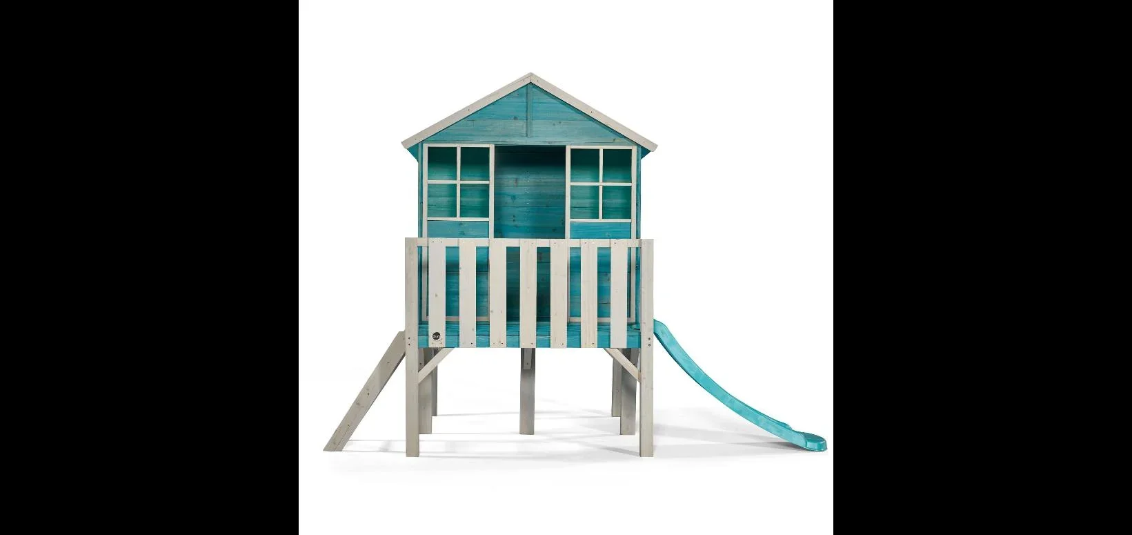 Holz Spielhaus Boathouse auf Stelzen, Outdoor-Spielhaus für Kinder aus Holz, Spitzdach, Rutsche, Leiter, türkis - 2
