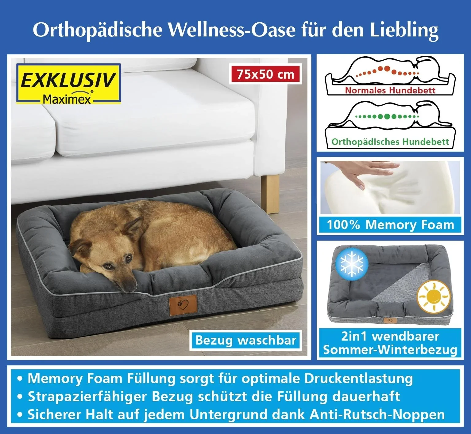 Orthopädisches Hundebett, Grau, Größe M, 75 x 50 x 15 cm - 4