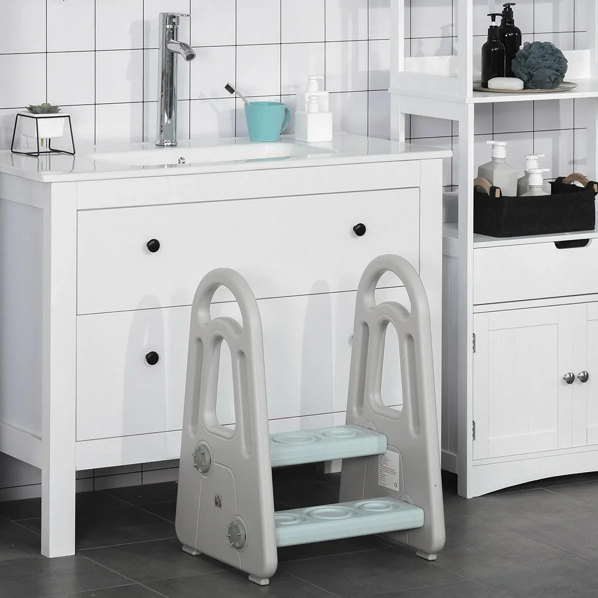 Lernturm Tritthocker Schemel Stehender mit 2 Stufen Pyramiden-Struktur Sicherheit Bad Schlafzimmer Küche Blau+Grau für 2 - 0