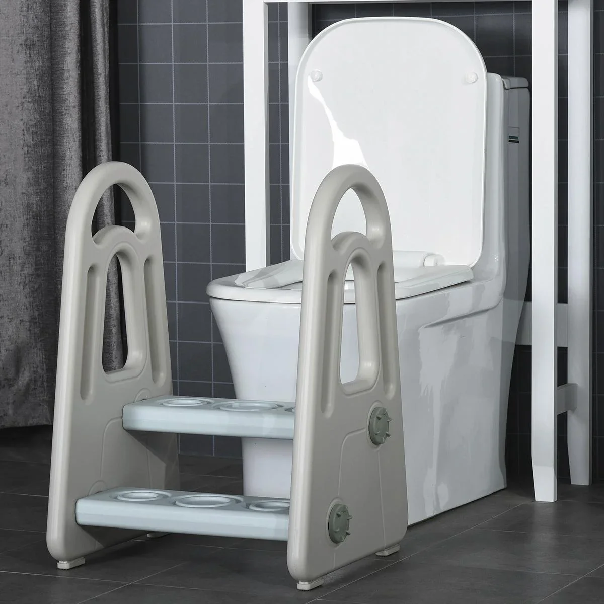 Lernturm Tritthocker Schemel Stehender mit 2 Stufen Pyramiden-Struktur Sicherheit Bad Schlafzimmer Küche Blau+Grau für 2 - 1