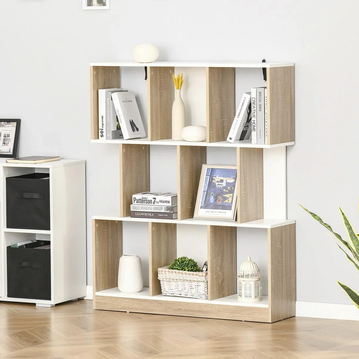 Bücherregal Standregal Büroregal Aktenregal für Büro Wohnzimmer Arbeitszimmer Spanplatte Natur+Weiß 100 x 24 x 124 cm - 0