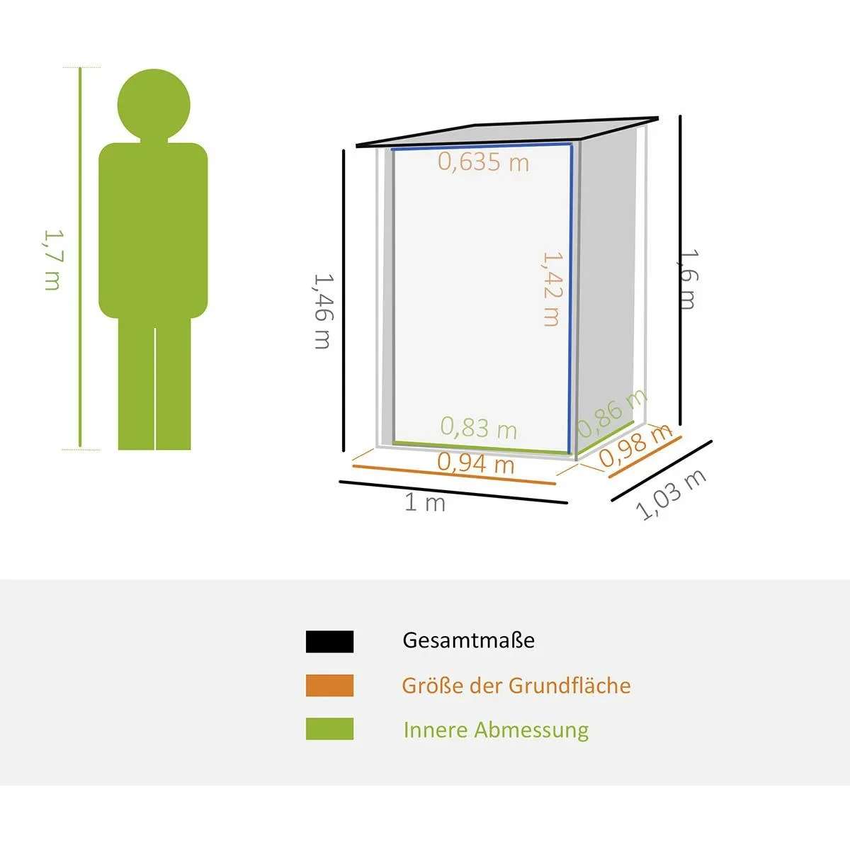 Gerätehaus mit Pultdach 1 x 1 m Metall Gartenhaus Geräteschuppen 0,92 m² verzinkter Stahl Dunkelgrau - 1