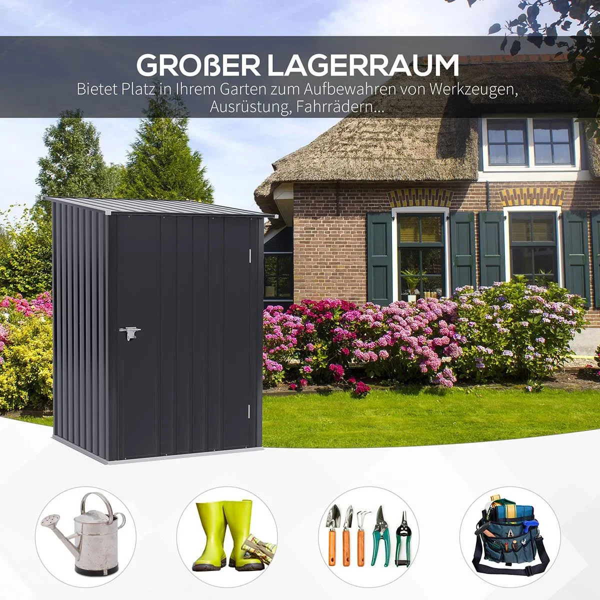 Gerätehaus mit Pultdach 1 x 1 m Metall Gartenhaus Geräteschuppen 0,92 m² verzinkter Stahl Dunkelgrau - 2