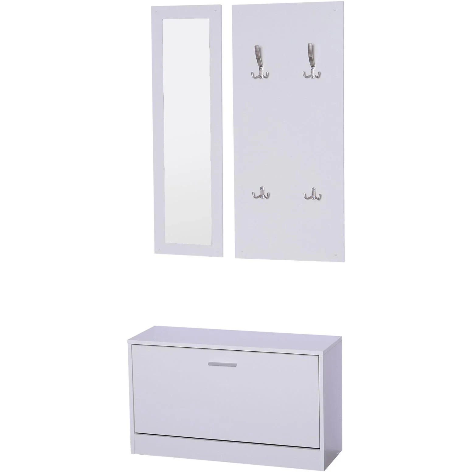 3-teiliges Garderoben-Set Flurgaderobe mit Schuhschrank Garderobe Wandspiegel 4 Haken Weiß 30 x 100 cm - 0