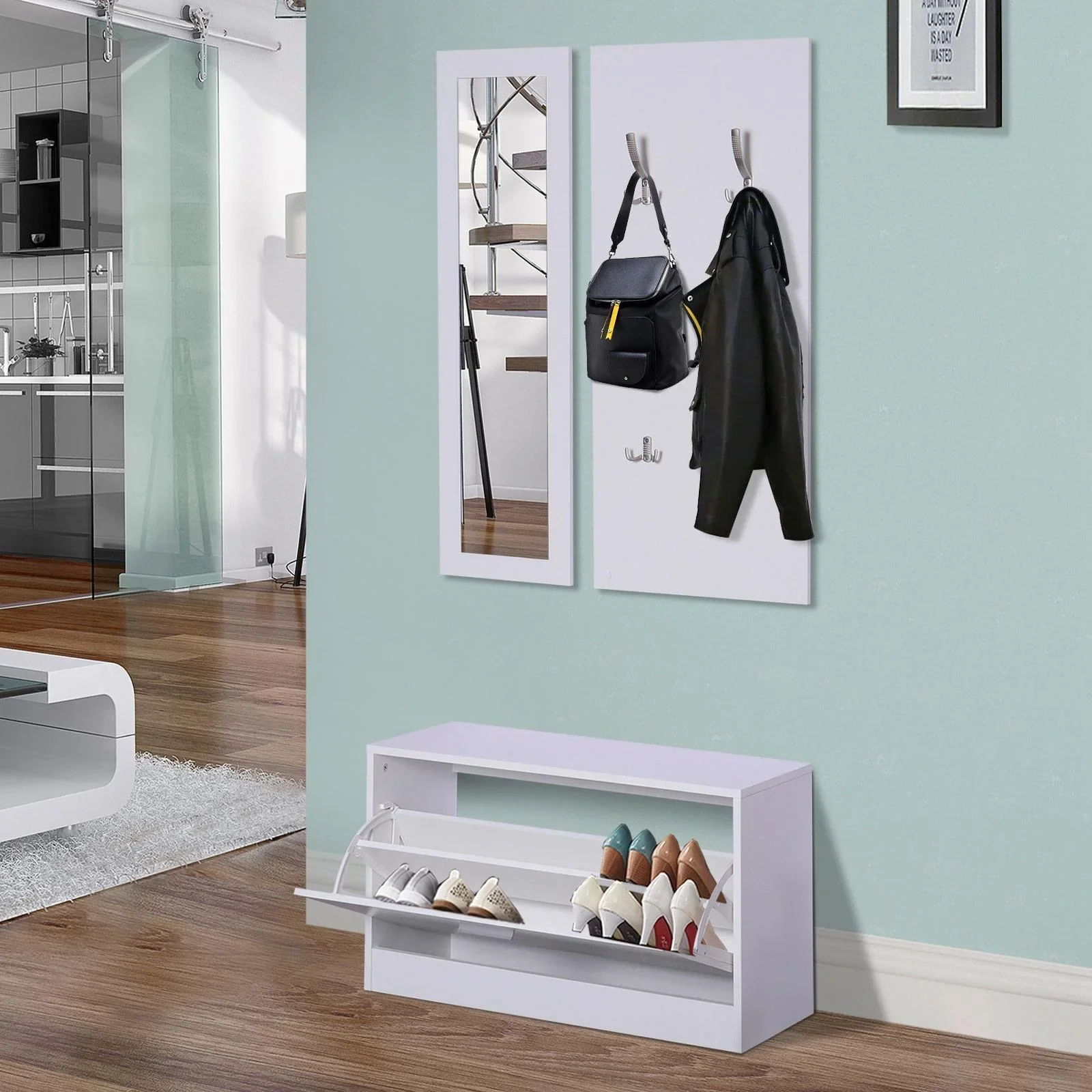 3-teiliges Garderoben-Set Flurgaderobe mit Schuhschrank Garderobe Wandspiegel 4 Haken Weiß 30 x 100 cm - 3