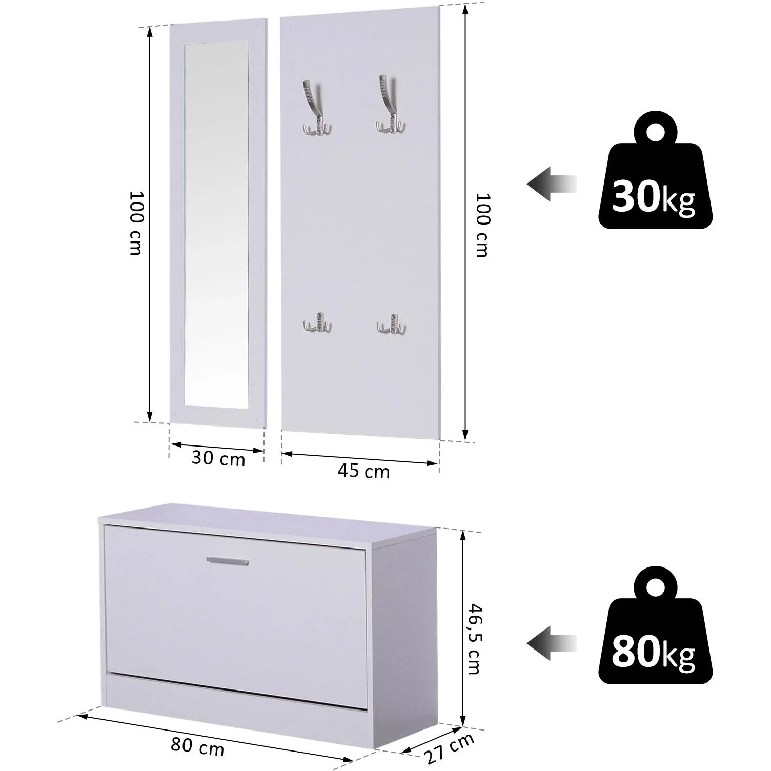 3-teiliges Garderoben-Set Flurgaderobe mit Schuhschrank Garderobe Wandspiegel 4 Haken Weiß 30 x 100 cm - 4