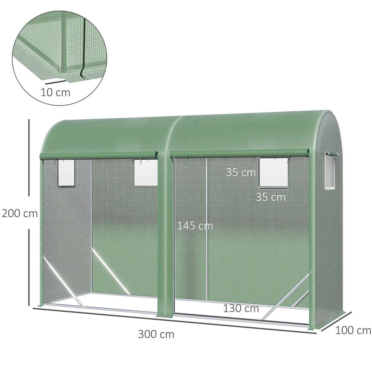 Foliengewächshaus Tomatengewächshaus Treibhaus Folientunnel Frühbeet 4 Fenster und 2 Türen Grün Stahl PE-Kunststoff 300 - 1