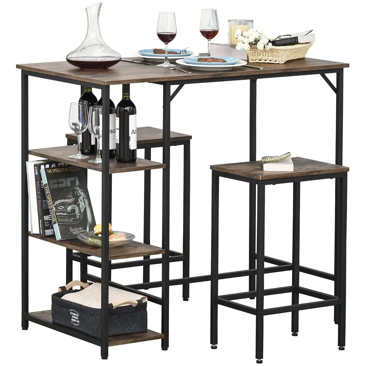 Bartisch-Set Stehtisch mit 2 Barhockern 3-teiliges Tischset Küchentresen mit Regale Spanplatte Stahl Rustikales Braun+Sc - 2