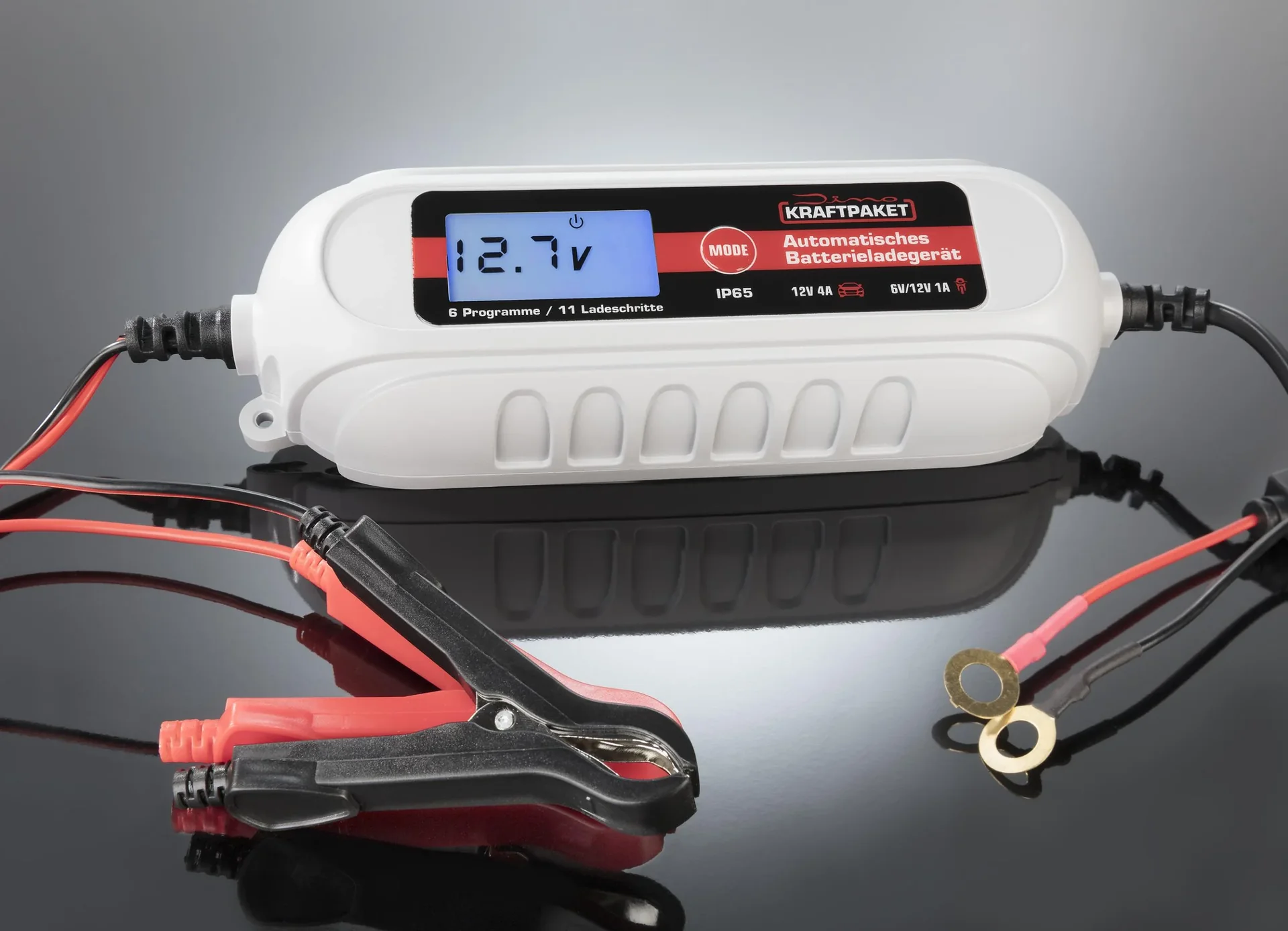 Batterieladegerät 6 / 12 Volt - 4 A - mit Polklemmen und Ringösenkabel - 6