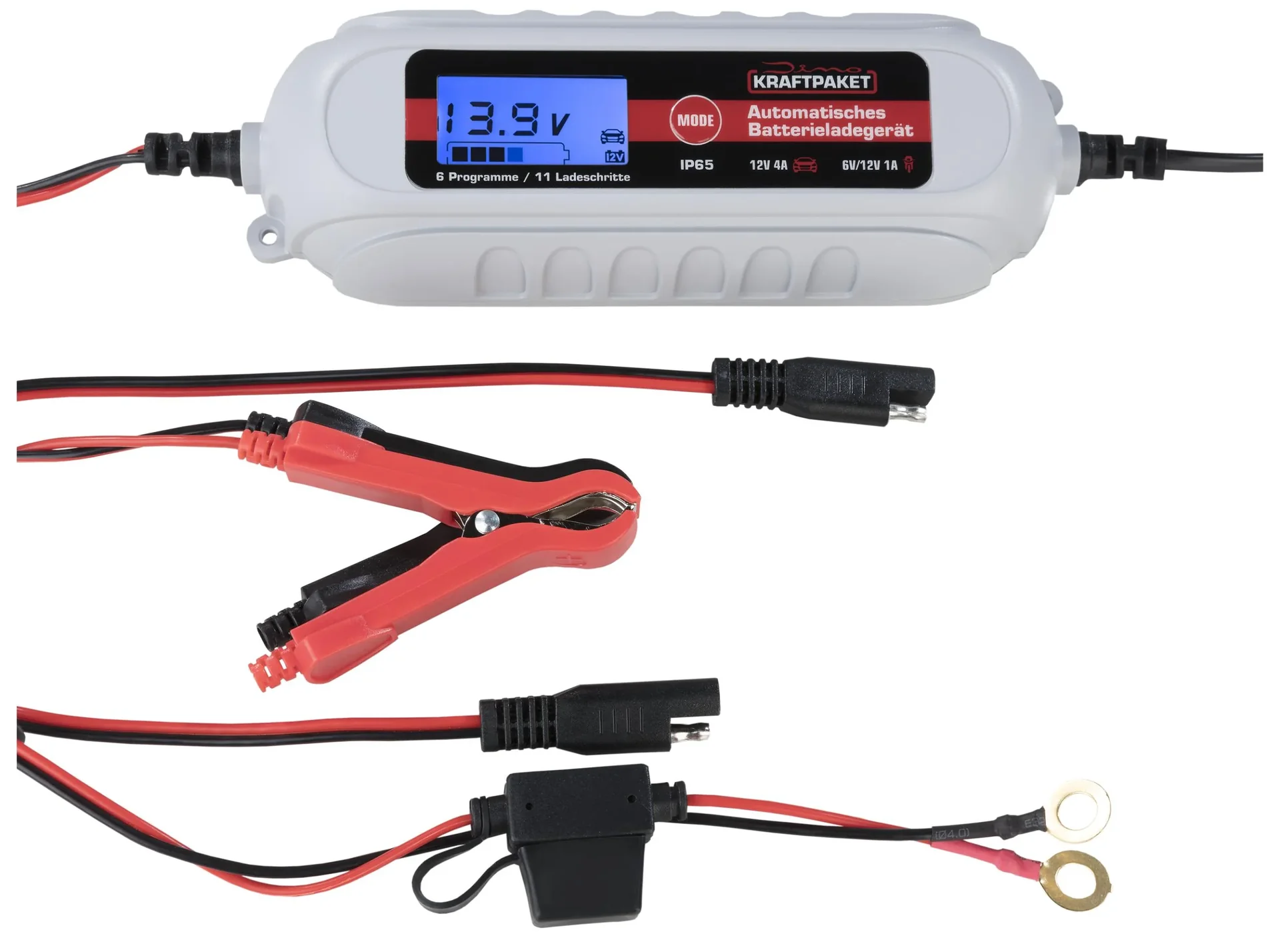 Batterieladegerät 6 / 12 Volt - 4 A - mit Polklemmen und Ringösenkabel - 8